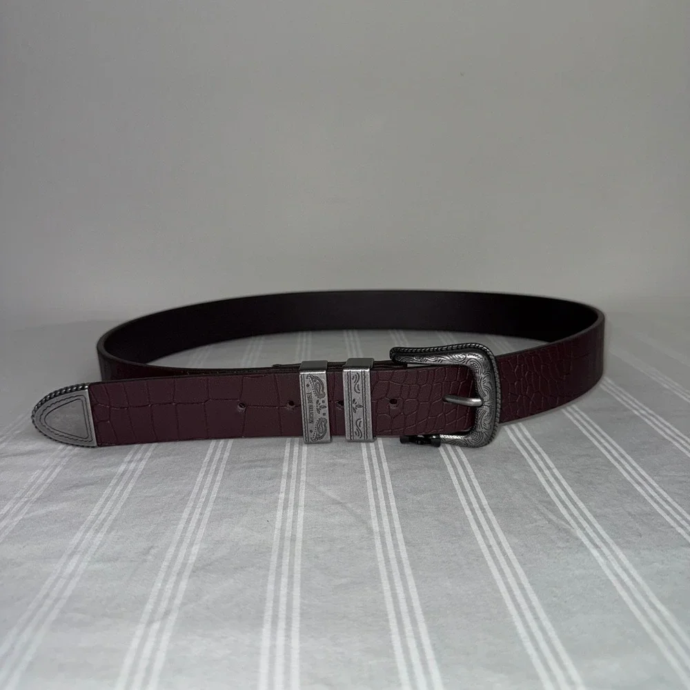 True Religion Western Belt Brown Crocodile Embossed Silver‎ Buckle Tip Size 34